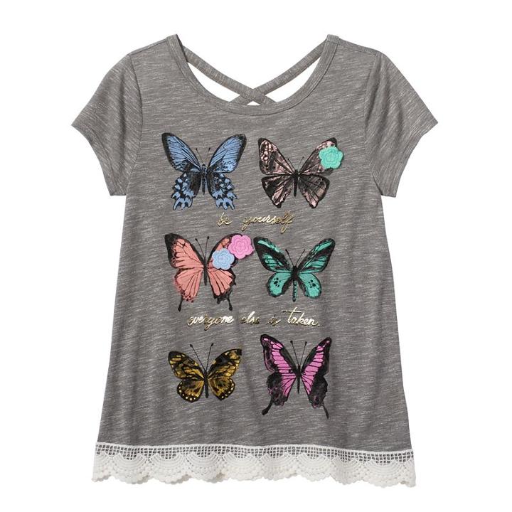 Girls 7-16 & Plus Size Mudd&reg; Criss Cross Back Crochet Trim Graphic Tee, Girl's, Size: 16, Med Grey