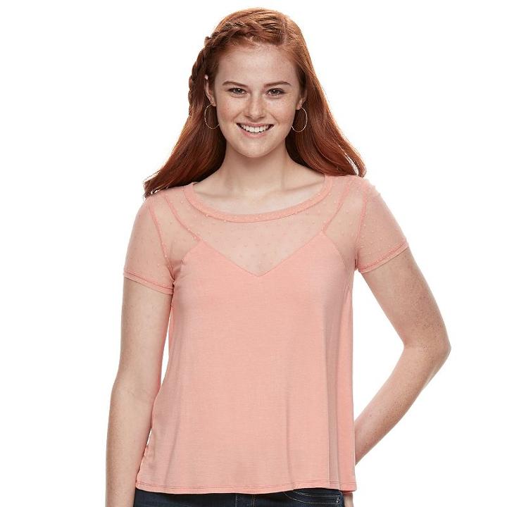 Juniors' Love Fire Mesh Illusion Tee, Teens, Size: Small, Lt Orange