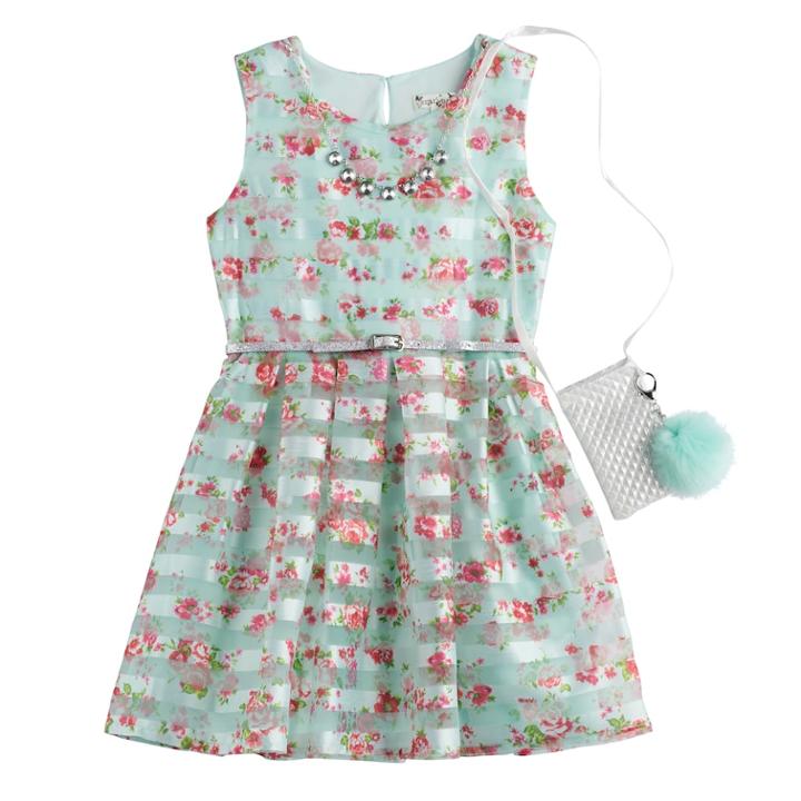 Girls 7-16 & Plus Size Knitworks Floral Burnout Striped Dress With Necklace & Purse, Size: 14, Green