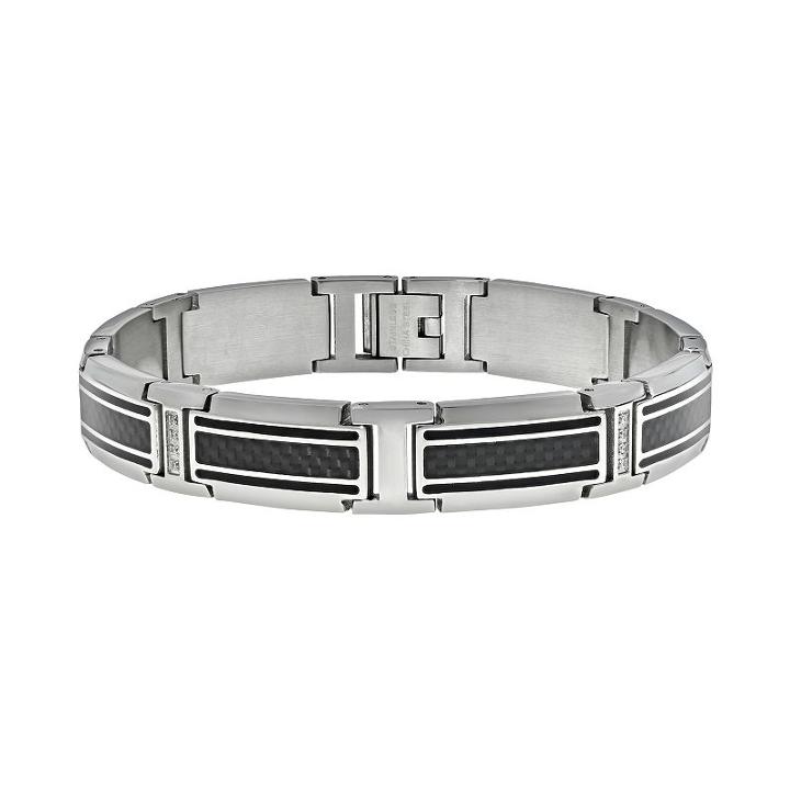 Lynx Cubic Zirconia Stainless Steel Carbon Fiber Bracelet - Men, Size: 8.5, Grey