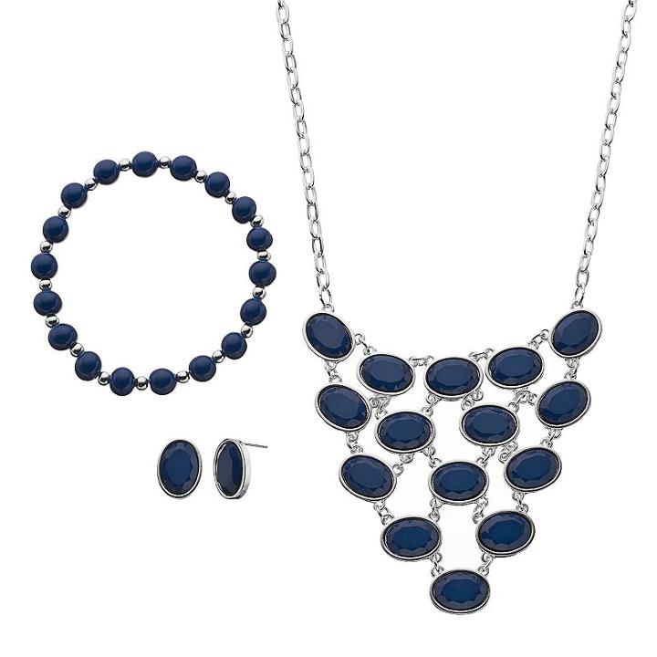 Blue Oval Statement Necklace, Beaded Stretch Bracelet & Stud Earring Set, Women's, Navy
