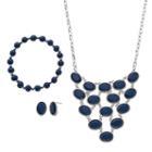 Blue Oval Statement Necklace, Beaded Stretch Bracelet & Stud Earring Set, Women's, Navy