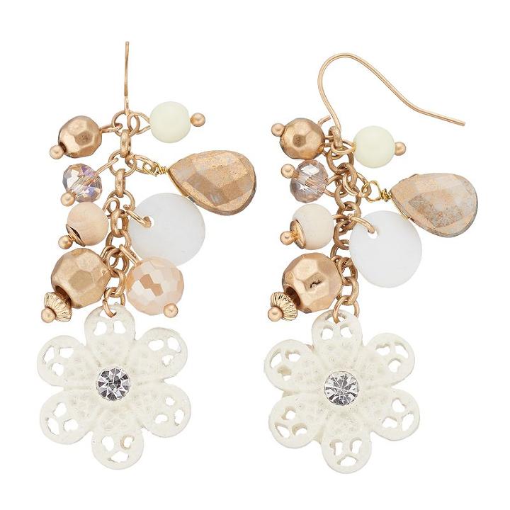 White Flower Beaded Cluster Nickel Free Drop Earrings, Women's, Brown