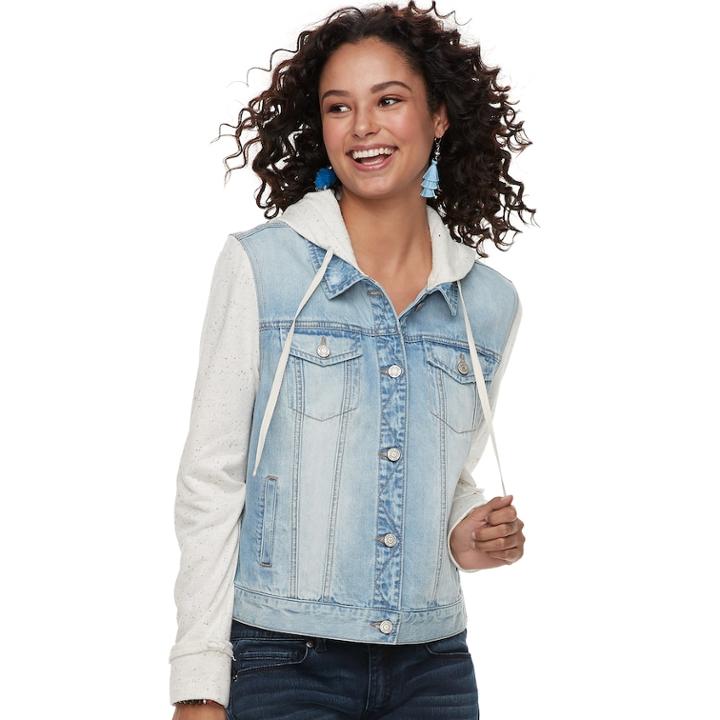 Juniors' Mudd&reg; Hooded Knit Sleeve Jean Jacket, Teens, Size: Medium, Blue