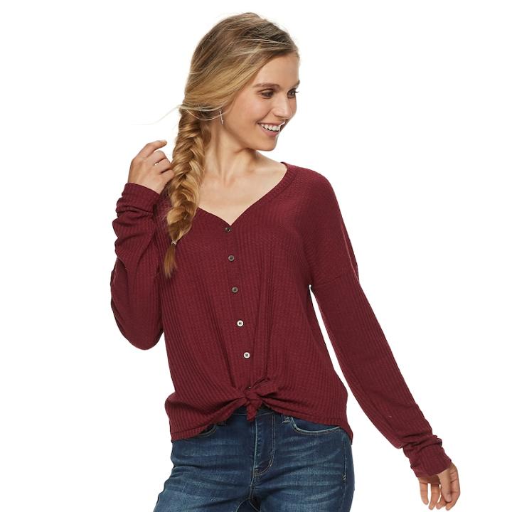 Juniors' Mudd&reg; Waffle-knit Button Front Long Sleeve Top, Teens, Size: Medium, Purple