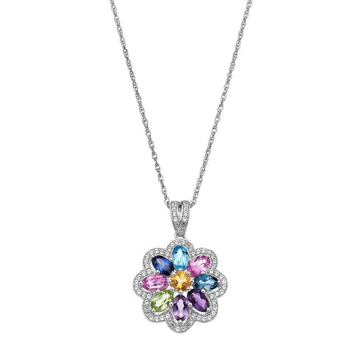 Sterling Silver Gemstone Flower Pendant Necklace, Women's, Size: 18, Multicolor