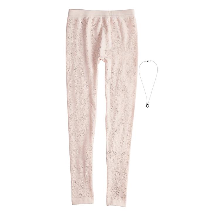 Girls 4-14 Foil Spray Fleece-lined Leggings With Necklace, Size: M-l, Dark Pink