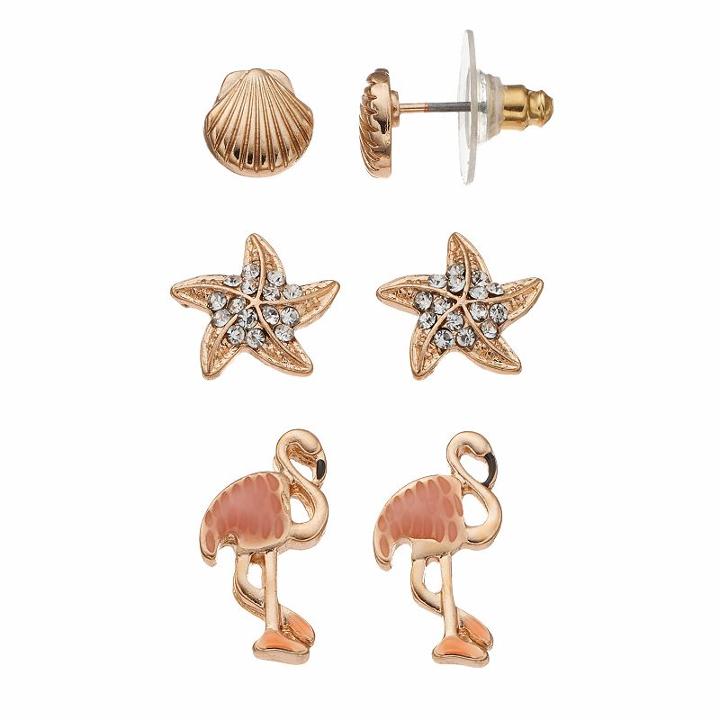 Nickel Free Seashell, Starfish & Flamingo Stud Earring Set, Women's, Gold