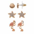 Nickel Free Seashell, Starfish & Flamingo Stud Earring Set, Women's, Gold