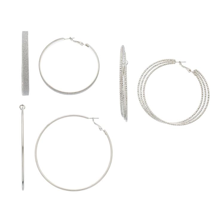 Mudd&reg; Glittery & Twisted Nickel Free Hoop Earring Set, Women's, Silver