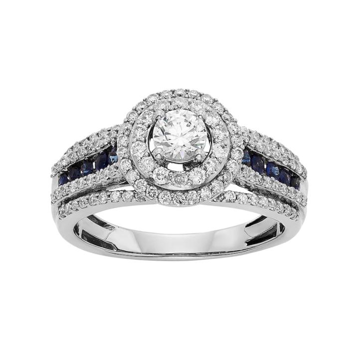 Igl Certified Diamond And Blue Sapphire Tiered Halo Engagement Ring In 14k White Gold (1 Carat T.w.), Women's, Size: 6.50
