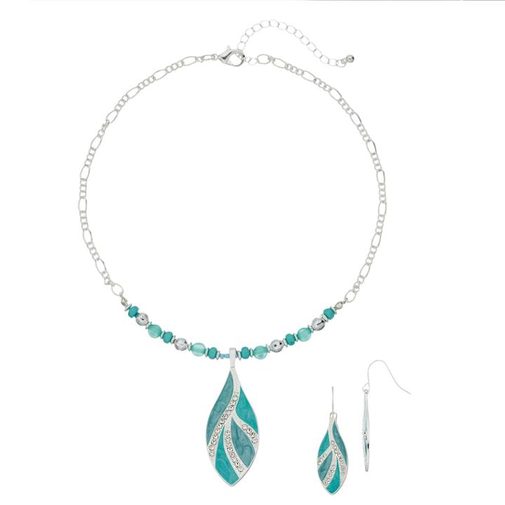 Teal Leaf & Bead Necklace & Drop Earring Set, Women's, Turq/aqua