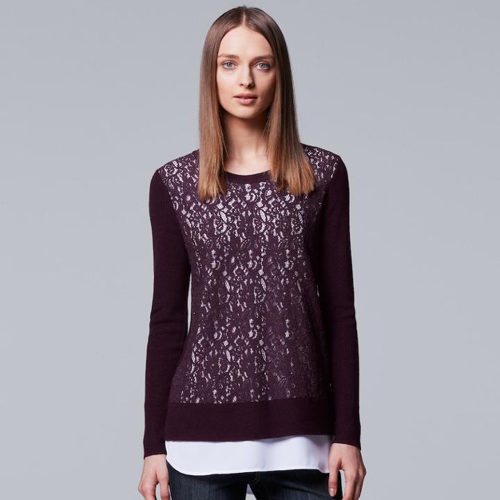 Women's Simply Vera Vera Wang Mock-layer Lace Sweater, Size: Medium, Drk Purple