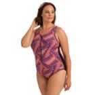 Plus Size Dolfin Zip One-piece Swimsuit, Women's, Size: 20, Kaleidoscope Pink