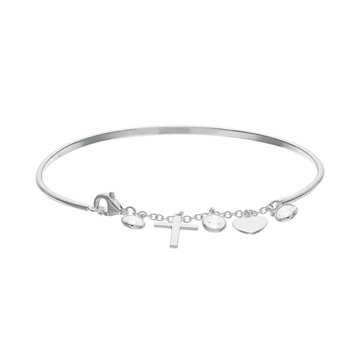Timeless Sterling Silver Cubic Zirconia Heart & Cross Bangle Bracelet, Women's, White