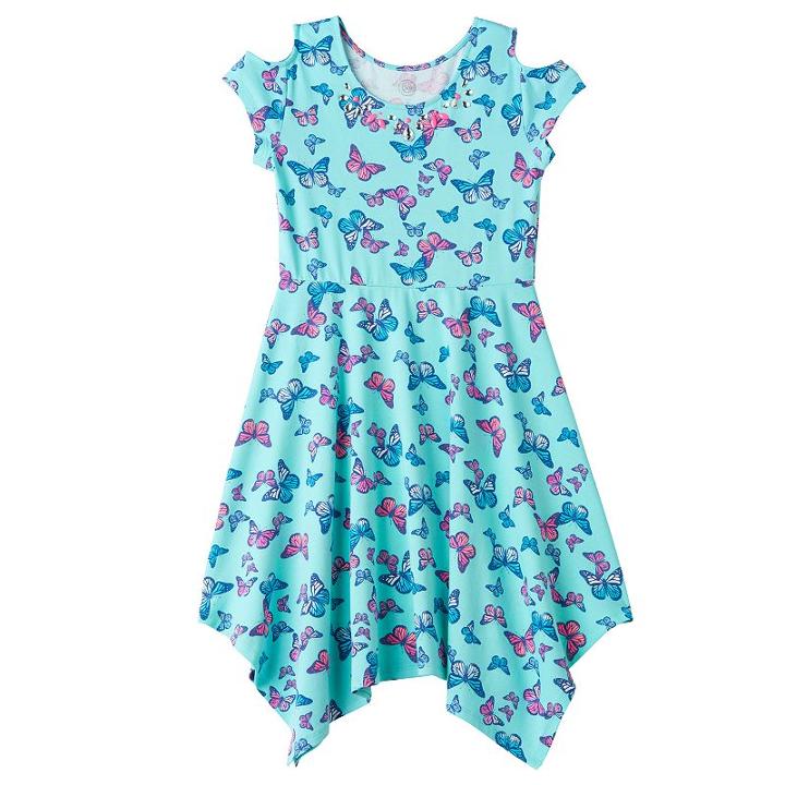 So, Girls Plus Size &reg; Cold Shoulder Embellished Patterned Handkerchief Hem Dress, Girl's, Size: 12 1/2, Turquoise/blue (turq/aqua)
