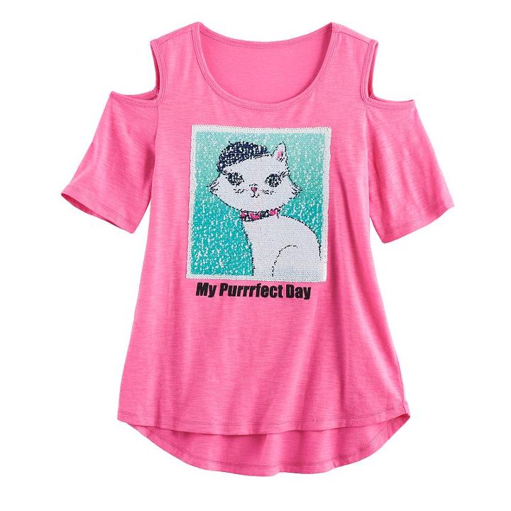 Girls 7-16 So&reg; Cold Shoulder Two-way Sequin Tee, Size: 16, Brt Pink