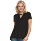 Juniors' Miss Chievous Split Back Choker Neck Tee, Teens, Size: Medium, Black