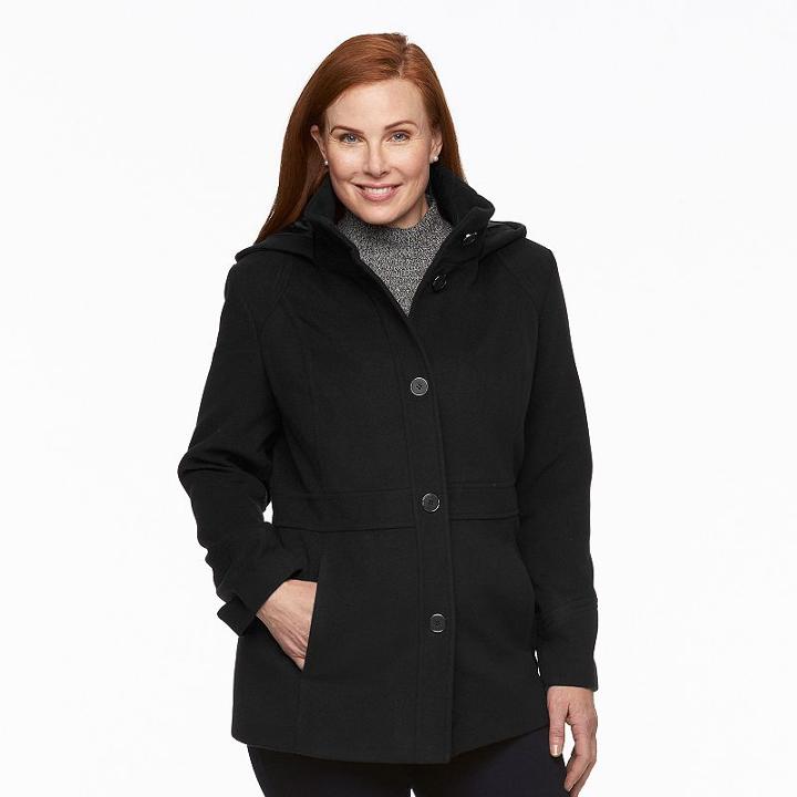Plus Size D.e.t.a.i.l.s Hooded Single-breasted Peacoat, Women's, Size: 1xl, Black