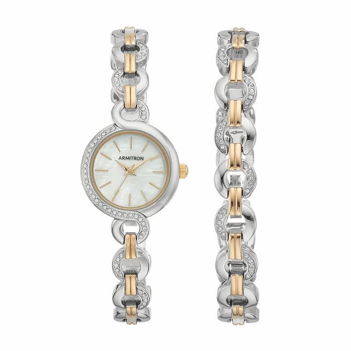 Armitron Women's Crystal Two Tone Stainless Steel Watch & Bracelet Set - 75/5485mpttst, Multicolor