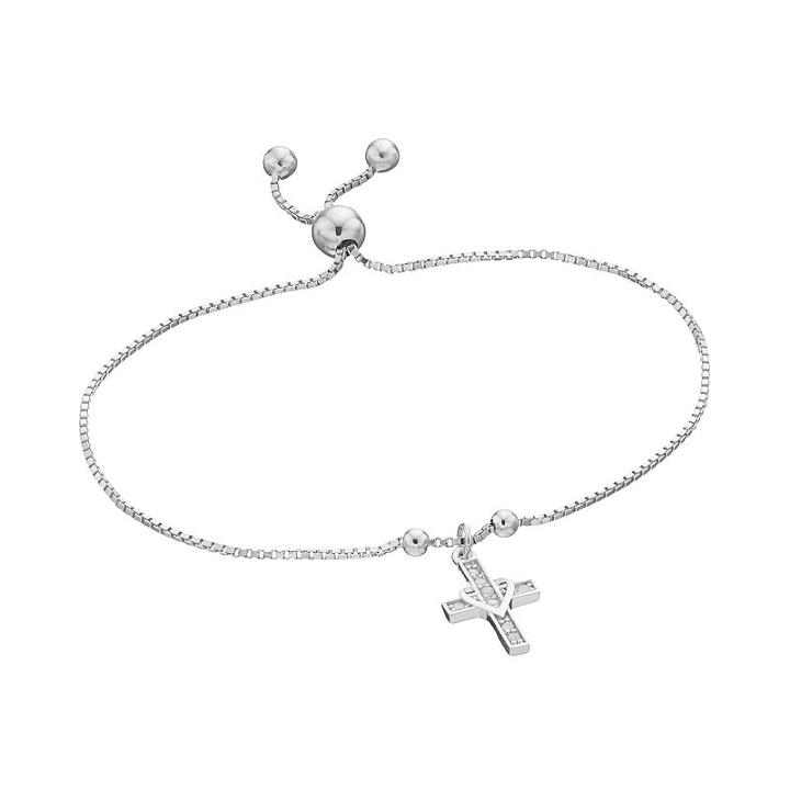 Sterling Silver 1/10 Carat T.w. Diamond Cross Charm Lariat Bracelet, Women's, White