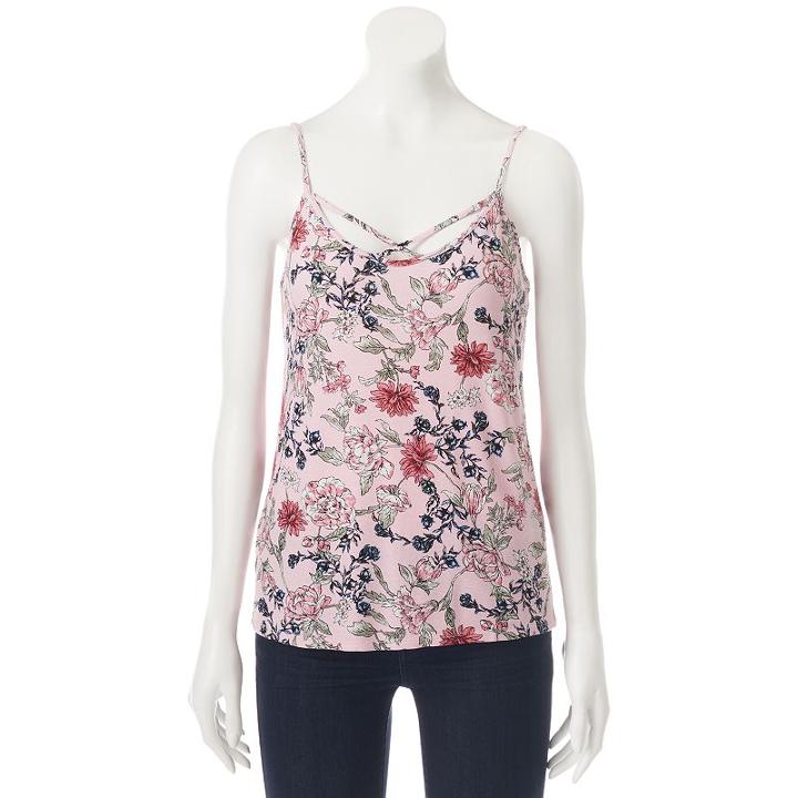 Juniors' Pink Rose Strappy V-neck Tank, Girl's, Size: Medium, Brt Pink