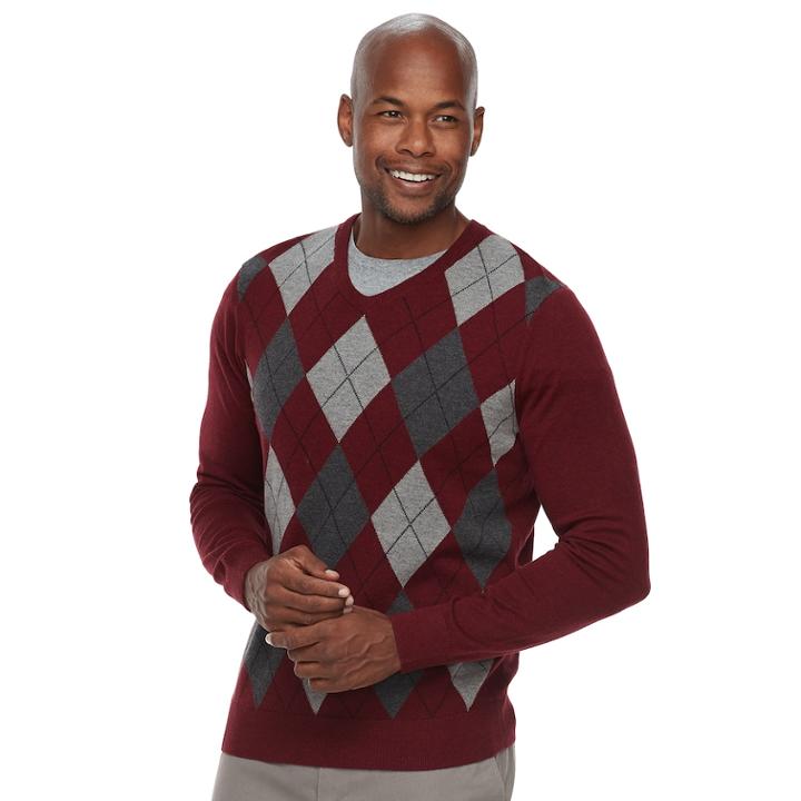 Men's Croft & Barrow&reg; Classic-fit Argyle Fine-gauge V-neck Sweater, Size: Large, Red