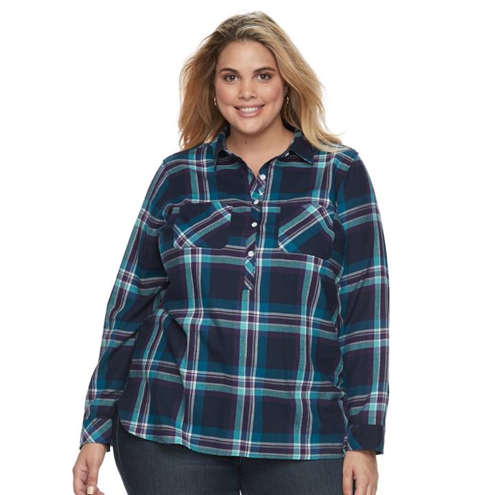 Plus Size Croft & Barrow&reg; Plaid Popover Top, Women's, Size: 2xl, Purple