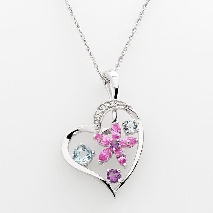 Sterling Silver Lab-created Amethyst, Lab-created Sapphire And Sky Blue Topaz Flower Heart Pendant, Women's, Multicolor
