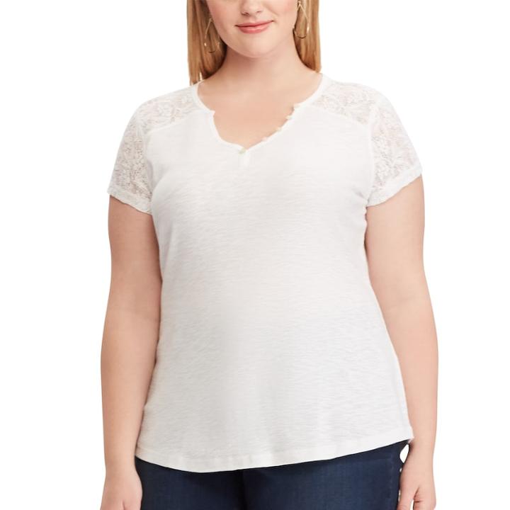 Plus Size Chaps Lace Sleeve Henley Tee, Women's, Size: 1xl, White