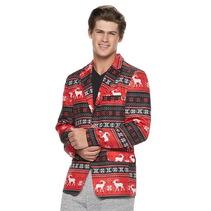 Men's Reindeer Striped Christmas Blazer, Size: Small, Red