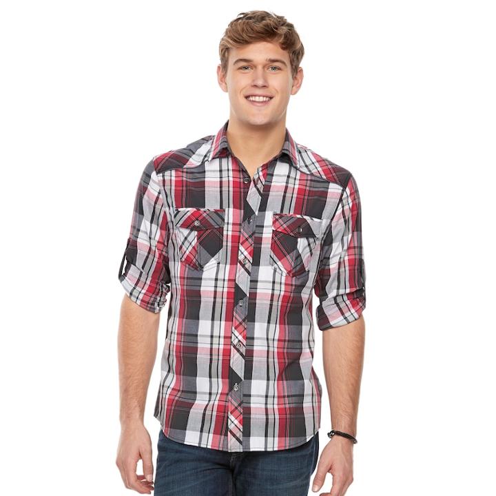 Men's Rock & Republic Plaid Roll-sleeve Button-down Shirt, Size: Small, Med Red