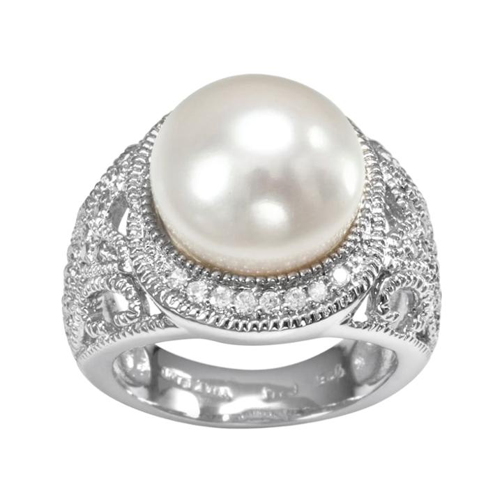 Sophie Miller Sterling Silver Freshwater Cultured Pearl And Cubic Zirconia Filigree Halo Ring, Women's, Size: 8, White