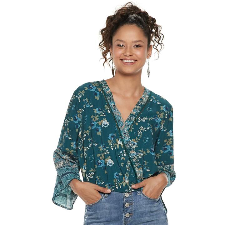 Juniors' Rewind Floral Surplice Top, Teens, Size: Xs, Blue (navy)