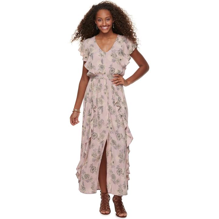 Juniors' American Rag Floral Ruffle Maxi Dress, Size: Medium, Pink