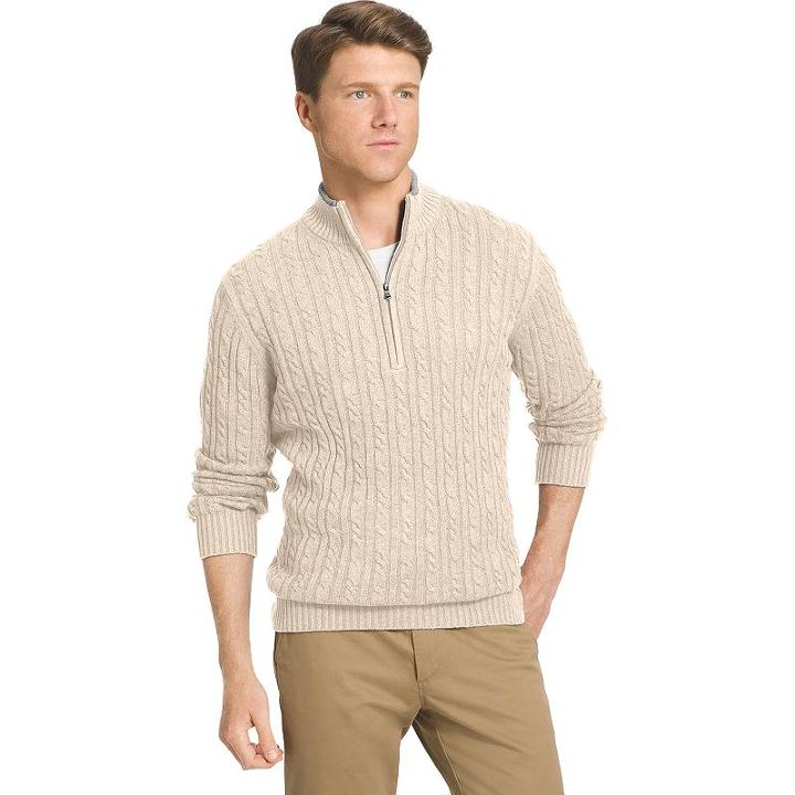 Men's Izod Classic-fit 7gg Cable-knit Quarter-zip Sweater, Size: Medium, Med Beige