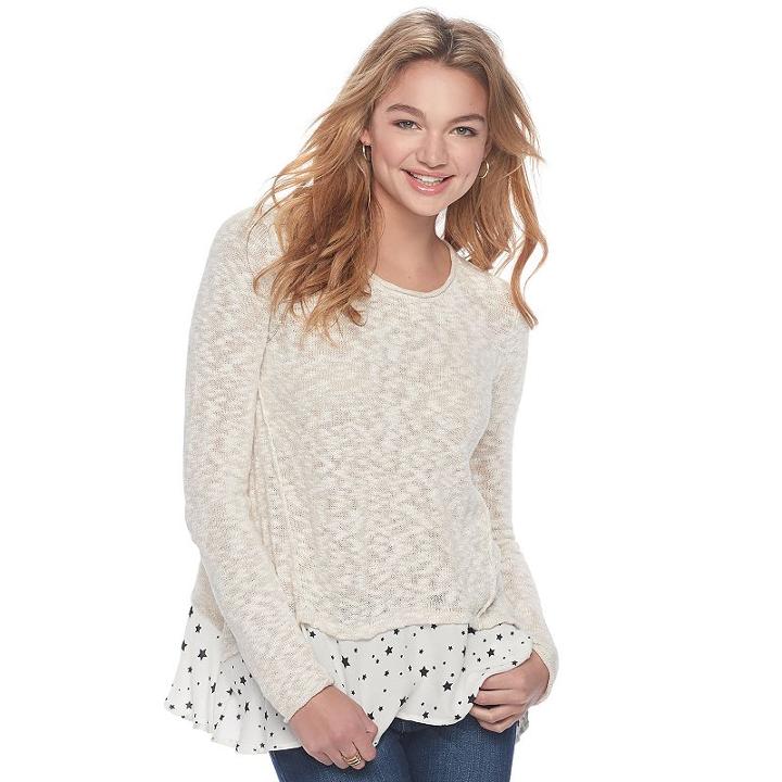 Juniors' Cloudchaser Print Hem Sweater, Teens, Size: Large, Beige Oth