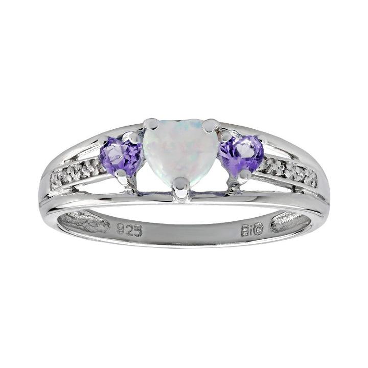 Sterling Silver Lab-created Opal, Amethyst And Diamond Accent Heart 3-stone Ring, Women's, Size: 5, Purple