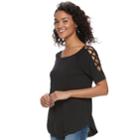 Juniors' Cloud Chaser Latticework Cold-shoulder Tee, Teens, Size: Medium, Black