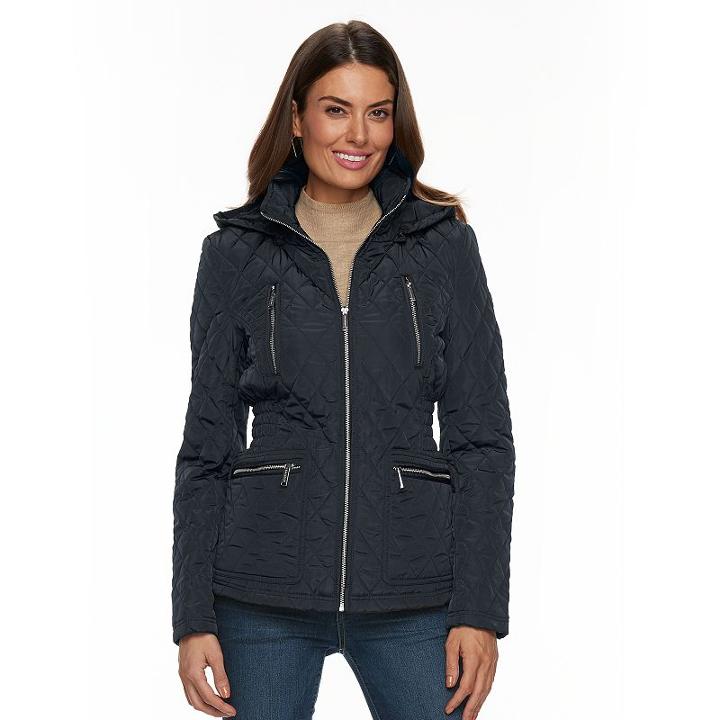 Women's Towne By London Fog Hooded Quilted Smocked Jacket, Size: Small, Blue (navy)