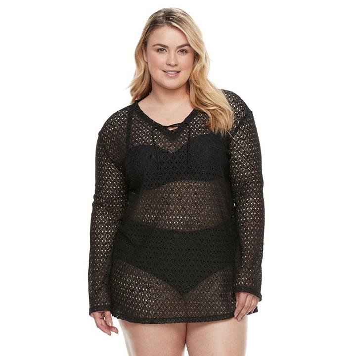 Plus Size Paramour Crocheted Lace-up Cover-up, Women's, Size: 2xl, Black