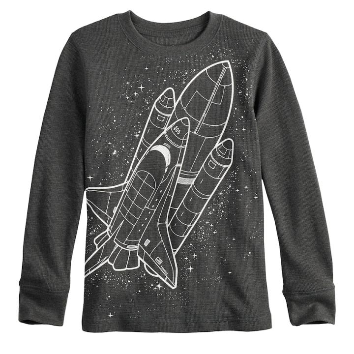 Boys 4-12 Jumping Beans&reg; Glow In The Dark Rocket Spaceship Thermal Top, Size: 12, Med Grey