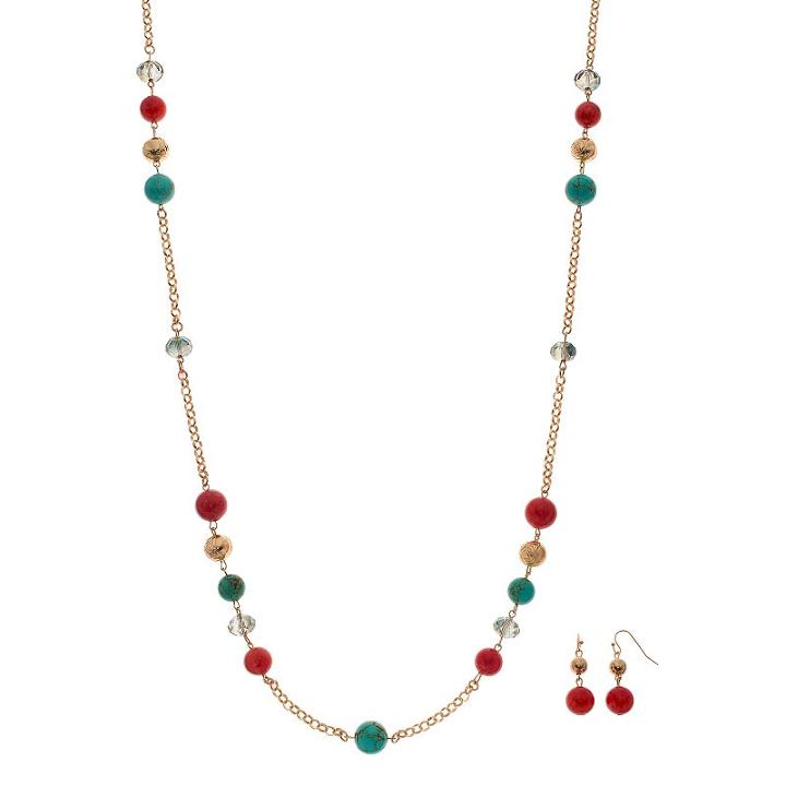 Long Beaded Necklace & Linear Drop Earring Set, Women's, Multicolor