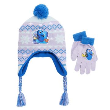 Disney / Pixar Finding Dory Girls 4-16 Nemo Fairisle Pom-pom Earflap Hat & Gloves Set, Girl's, Purple
