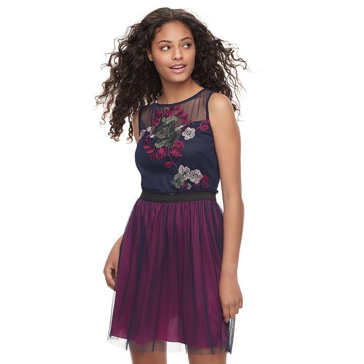 Juniors' Speechless Embroidered Mesh Skater Dress, Teens, Size: Small, Blue (navy)