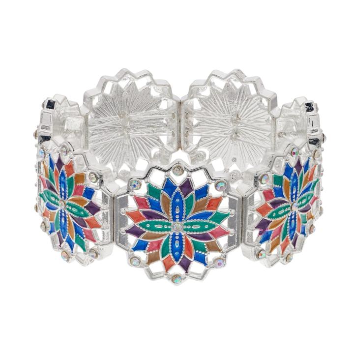 Multicolor Medallion Silver Tone Nickel Free Stretch Bracelet, Women's