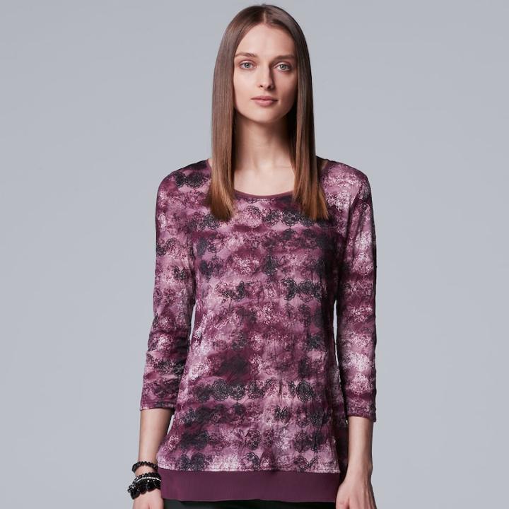 Women's Simply Vera Vera Wang Chiffon Trim Print Top, Size: Xl, Dark Red