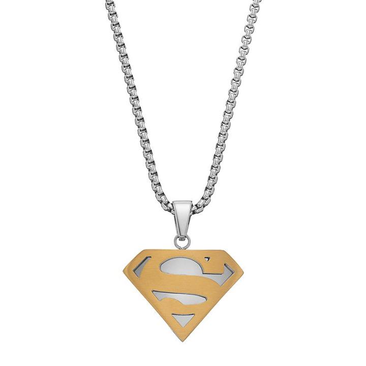 Men's Two Tone Stainless Steel Dc Comics Superman Pendant Necklace, Gold