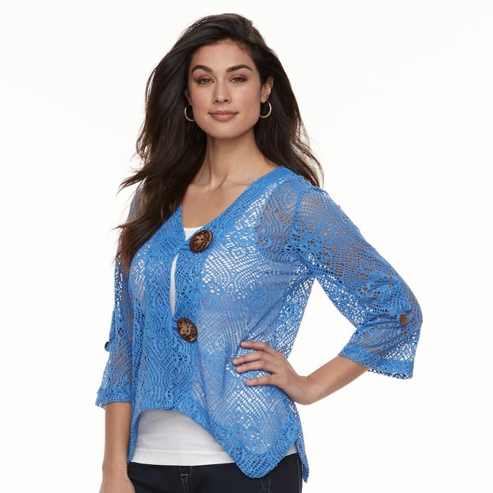 Women's Nina Leonard Open-work Embellished Cardigan, Size: Xl, Blue