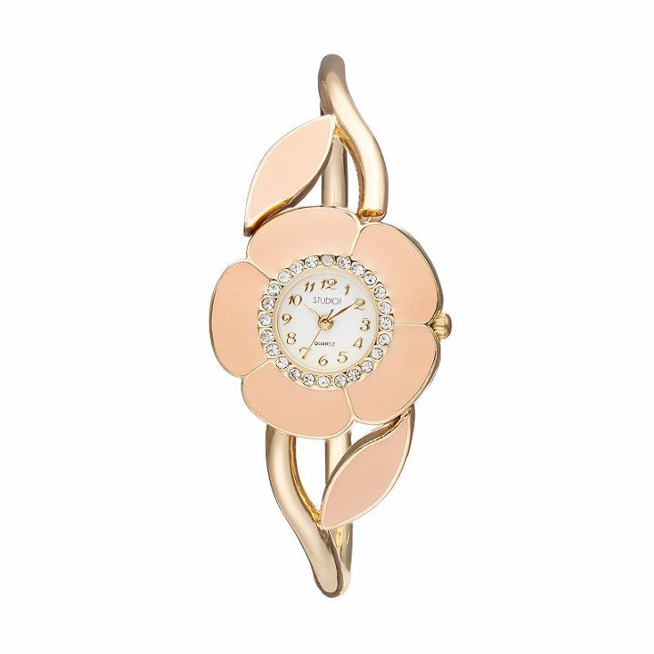 Studio Time Women's Crystal Enameled Floral Bangle Watch, Size: Medium, Pink